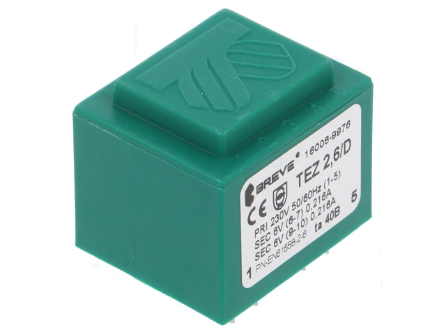 Transformator: ingegoten; 2,6VA; 230VAC; 6V; 6V; 217mA; 217mA; PCB Transformator: ingegoten; 2,6VA; 230VAC; 6V; 6V; 217mA; 217mA; PCB